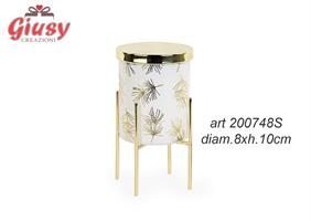 Candela In Barattolo In Vetro Bianco Con Foglie Oro Con Alzata In Metallo Oro 8xH.10 Cm Completo Di Scatolo 1*24
