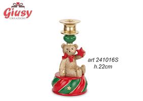 Portacandela Orsetto In Resina Con Fiocco Rosso H.22 Cm 2*12