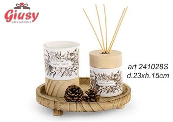 Vassoio In Legno Con Candela E Profumatore Da 200 Ml Diametro 23xH.15 Cm Completo Di Scatola 1*6