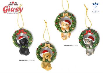 Appendino Cane In Resina Con Ghirlanda Natalizia 2 Soggetti Assortiti H.10,7 Cm 12*96