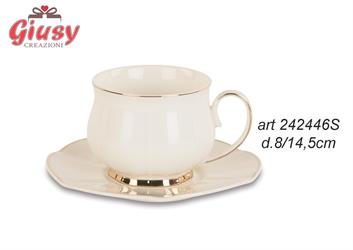 Set 6 Tazzine Da Tè In Porcellana Bianca Con Profilo Oro Diametro 8/14,5 Cm Completo Di Scatola 2*6