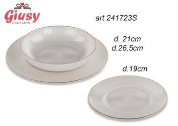 Set Da 18 Piatti In Vetro Color Bianco Con Profilo Oro Diametro 19/21/26,5 Cm Completo Di Scatola