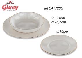 Set Da 18 Piatti In Vetro Color Bianco Con Profilo Oro Diametro 19/21/26,5 Cm Completo Di Scatola