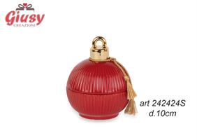 Scatola Sfera Plissè In Porcellana Con Candela Color Bordeaux Diametro 10 Cm 1*24