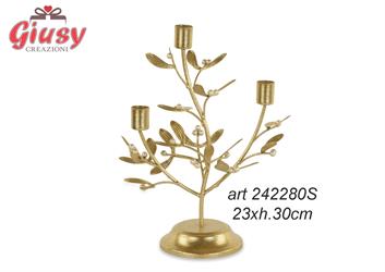 Porta 3 Candele Vischio In Metallo Color Oro 23xH.30 Cm 1*12