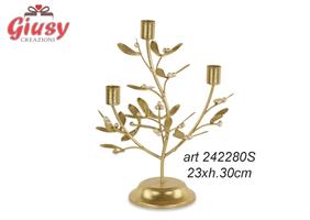 Porta 3 Candele Vischio In Metallo Color Oro 23xH.30 Cm 1*12