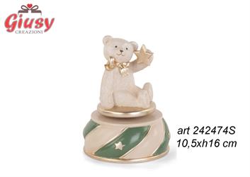 Carillon Orsetto Con Fiocco Oro In Resina E Scatola Diam. 10XH16 Cm   1*12