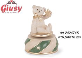 Carillon Orsetto Con Fiocco Oro In Resina E Scatola Diam. 10XH16 Cm   1*12