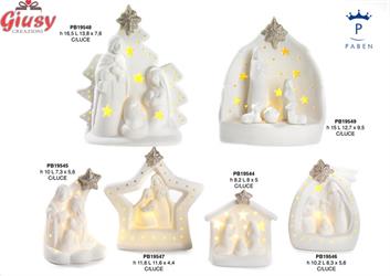 Gruppo Natività Bue E Asino Stilizzato In Grotta In Porcellana 15 Cm con Led