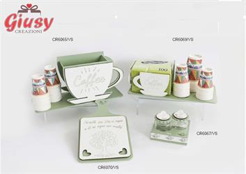 Portacialde E Porta bicchierini Da Caffè In Legno Color Verde Sabbia Completo Di Scatola 28XH14 Cm