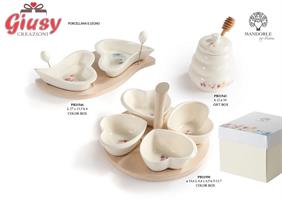 Set Due Ciotoline A Cuore Su Vassoio In Porcellana E Legno Completo Di Scatola 27 Cm