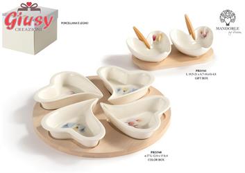 Set Antipastiera Con Quattro Ciotole Su Vassoio Porcellana E Legno Completa Di Scatola 27 Cm  1*8