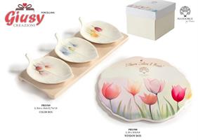 Set 3 Ciotoline Su Vassoio In Porcellana E Legno Completo Di Scatola, 26,6 Cm 2*16