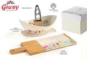 Set Tagliere Con Coltello Linea Tulipano 40,4 Cm In Porcellana E Legno Con Scatola 2*24