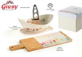 Set Tagliere Con Coltello Linea Tulipano 40,4 Cm In Porcellana E Legno Con Scatola 2*24