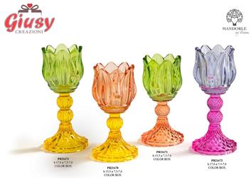 Portacandela Tulipano In Vetro Colore Verde E Arancione Completa Di Scatola 15,5 Cm 4*24