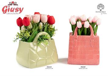 Vaso A Forma Di Borsetta Verde In Ceramica Con Tulipani In Plastica, 33 Cm