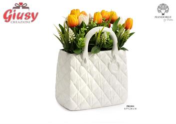 Vaso A Forma Di Borsetta Bianca In Ceramica Con Tulipani In Plastica, 37 Cm