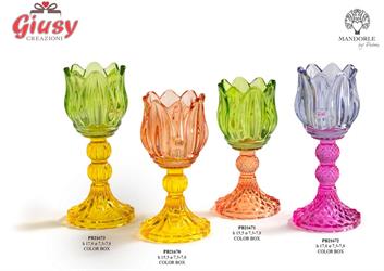 Portacandela Tulipano In Vetro Blu E Fucsia 17,8 Cm Completo Di Scatola 3*18