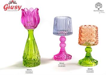 Portacandela A Forma Di Tulipano In Vetro, Colore Verde E Fucsia Completo Di Scatola, 22 Cm  3*24