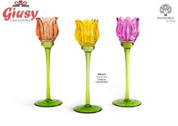 Portacandela A Forma Di Tulipano Tre Soggetti Assortiti Bicolore, Completa Di Scatola