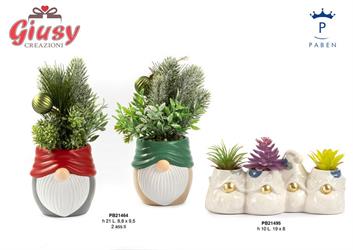 Gruppo 4 Vasetti Gnomo In Ceramica Con Piantina Artificiale 19xH.10 Cm 3*36