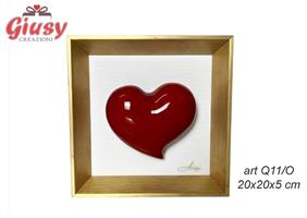 Quadretto Cornice Oro 20X20X5 Cm Con Cuore Rosso In Capodimonete Completa Di Scatola