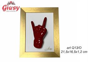Quadretto Cornice Oro 21,5X16,5X1,2 Con Mano Corna Rosso Completa Di Scatola