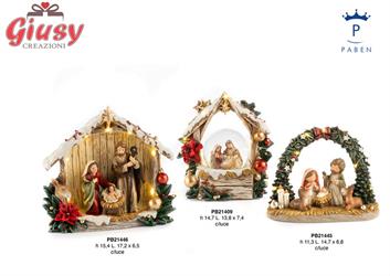 Capanna Con Globo Gruppo Natività 14.7 Cm. Resina a Vetro Luci