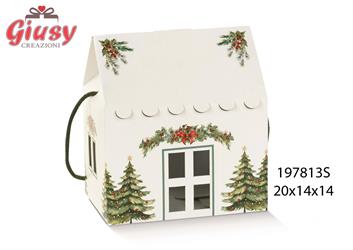 Casetta Natalizia Bianca Con Pini Verdi 20X14X14 Cm