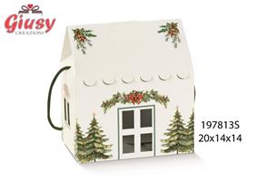 Casetta Natalizia Bianca Con Pini Verdi 20X14X14 Cm