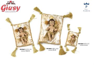 Bambinello in Resina Con Cuscino In Stoffa Bianco E Oro