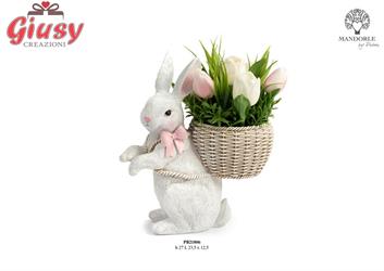 Coniglio Con Cesta Di Tulipani In Resina E Plastica, h 27 Cm 1*4
