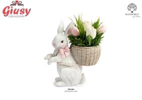 Coniglio Con Cesta Di Tulipani In Resina E Plastica, h 27 Cm 1*4