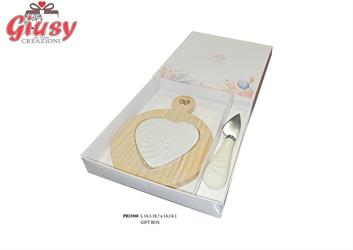 Set Tagliere Coltello Foglie 18.7 Cm Legno E Porcellana Completo Di Scatola 3*24