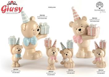 Orsetto Con Pacco E Cappello Celeste 15,8 Cm In Porcellana Con Scatola 2*24