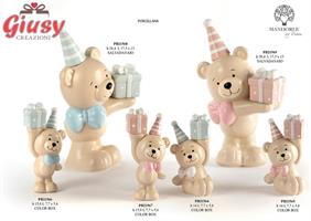 Salvadanio Orsetto Con Pacco E Csppello Celeste In Porcellana 1*4