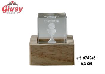 Cubo Cristallo Su Base Legno Con Led, Cm 6X6 Decoro Comunione