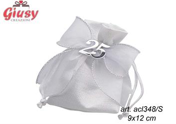 Sacchetto Anniversario 25 Anni Con Fiocco Grigio In Raso 9X12 Cm
