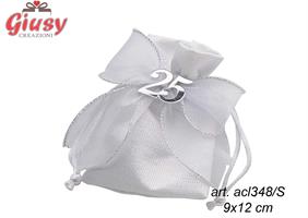 Sacchetto Anniversario 25 Anni Con Fiocco Grigio In Raso 9X12 Cm
