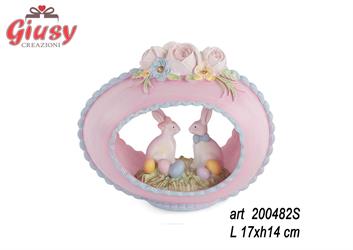 Uova Lilla Con Coniglietti, Due Soggetti Assortiti In Poliresina L17H14 Cm   2*8