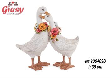 Coppia Di Oche In Poliresina H 39,5 Cm