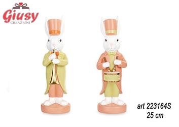 Conigli Con Tamburo E Tromba In Poliresina, Due Soggetti Assortiti 2*12