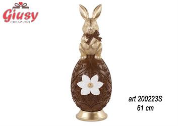 Uovo Con Coniglietto Marrone E Oro In Poliresina H 61 Cm