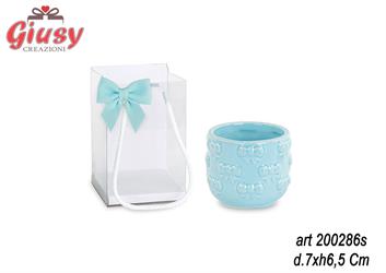 Cachepot In Porcellana Con Fiocchi Azzurri 7x6,5 Cm Completo Di Shopper In Pvc E Fiocco Azzurro 6*108