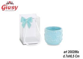 Cachepot In Porcellana Con Fiocchi Azzurri 7x6,5 Cm Completo Di Shopper In Pvc E Fiocco Azzurro 6*108