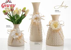 Vaso Dea In Vetro Satinato Colore Crema Con Fiore E Con Applicazione In Pelle D.15XH20 Cm Con Scatola Cilindrica