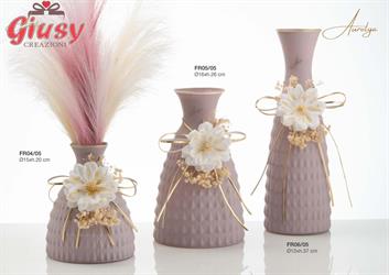 Vaso Dea In Vetro Satinato Colore Rosa Con Fiore E Con Applicazione In Pelle D.15XH20 Cm Con Scatola Cilindrica