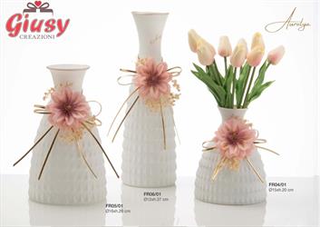 Vaso Dea In Vetro Satinato Colore Bianco Con Fiore E Con Applicazione In Pelle D.16XH26 Cm Con Scatola Cilindrica