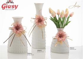 Vaso Dea In Vetro Satinato Colore Bianco Con Fiore  E Con Applicazione In Pelle D.12XH37 Cm Con Scatola Cilindrica